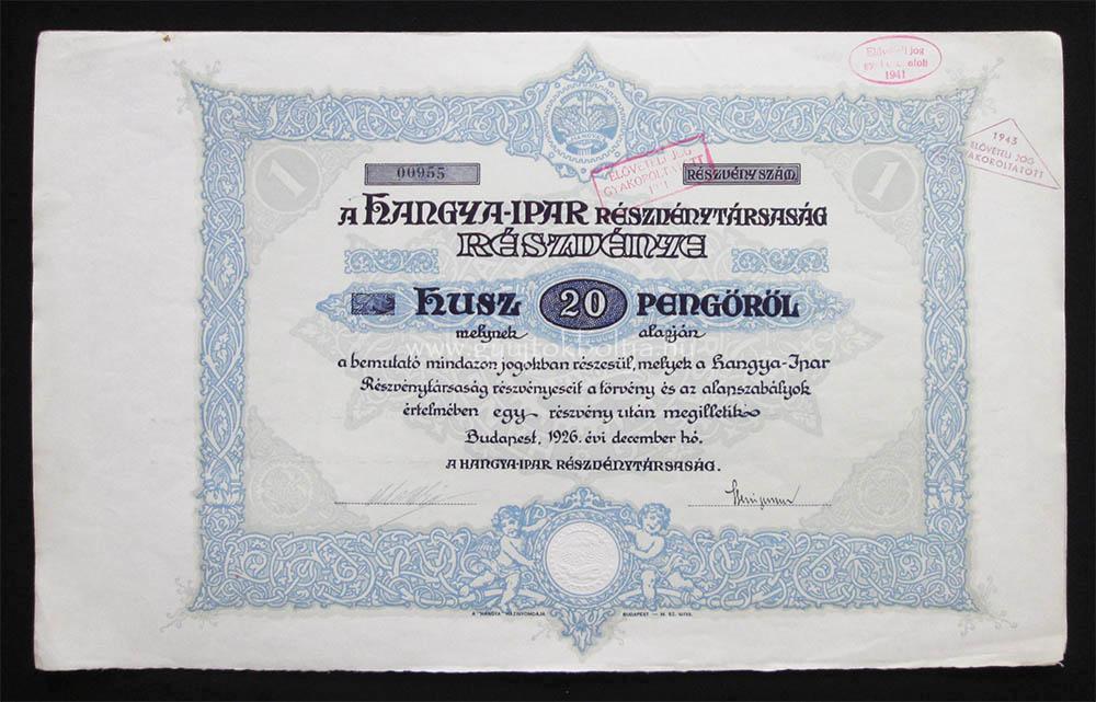 Hangya-Ipar Részvénytársaság részvény 20 pengő 1926